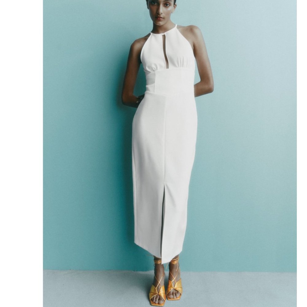 NWT ZARA HALTER DRESS WITH FRONT OPENING. SLIT AT HEM WHITE